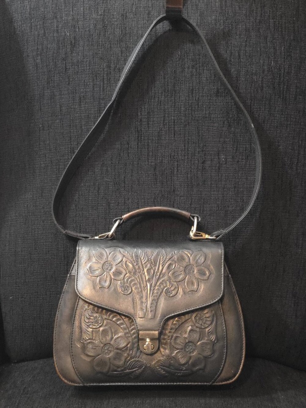 Vintage Aztec Floral Hand Tooled Black Leather Shoulder Bag